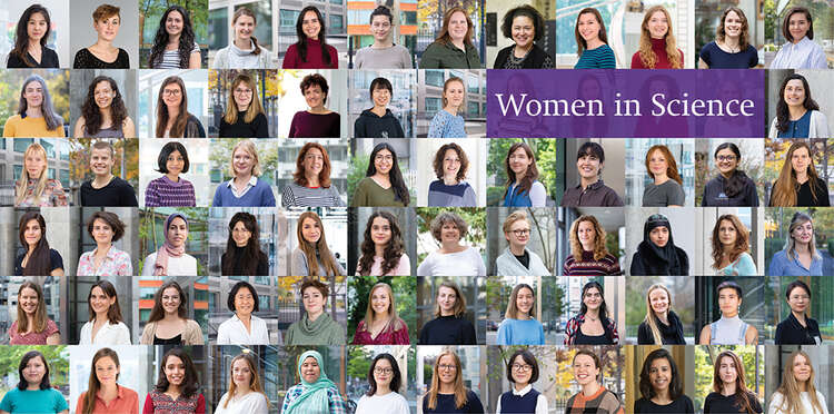 A collage of female scientists working at the Biozentrum.